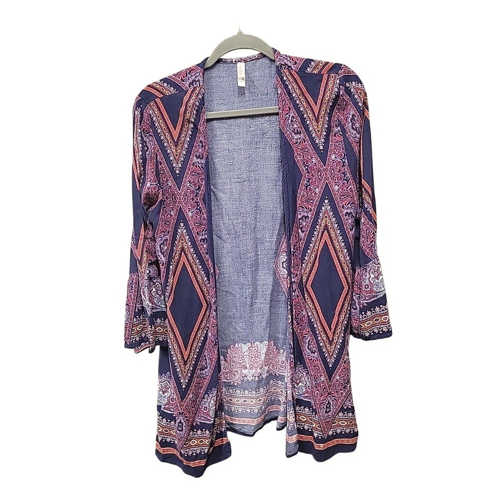 Bohoโ Paisley Bell Sleeve Open Front Cardigan Navy Coral XL/XXL
